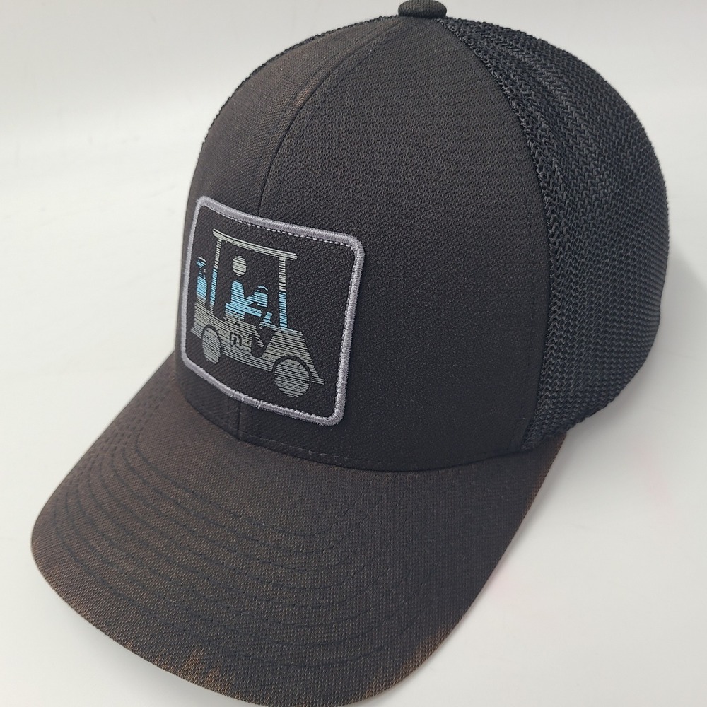 Travis Mathew Hat Fitted L-XL Trucker Mesh Black Gray Blue Golf Cart Patch Men